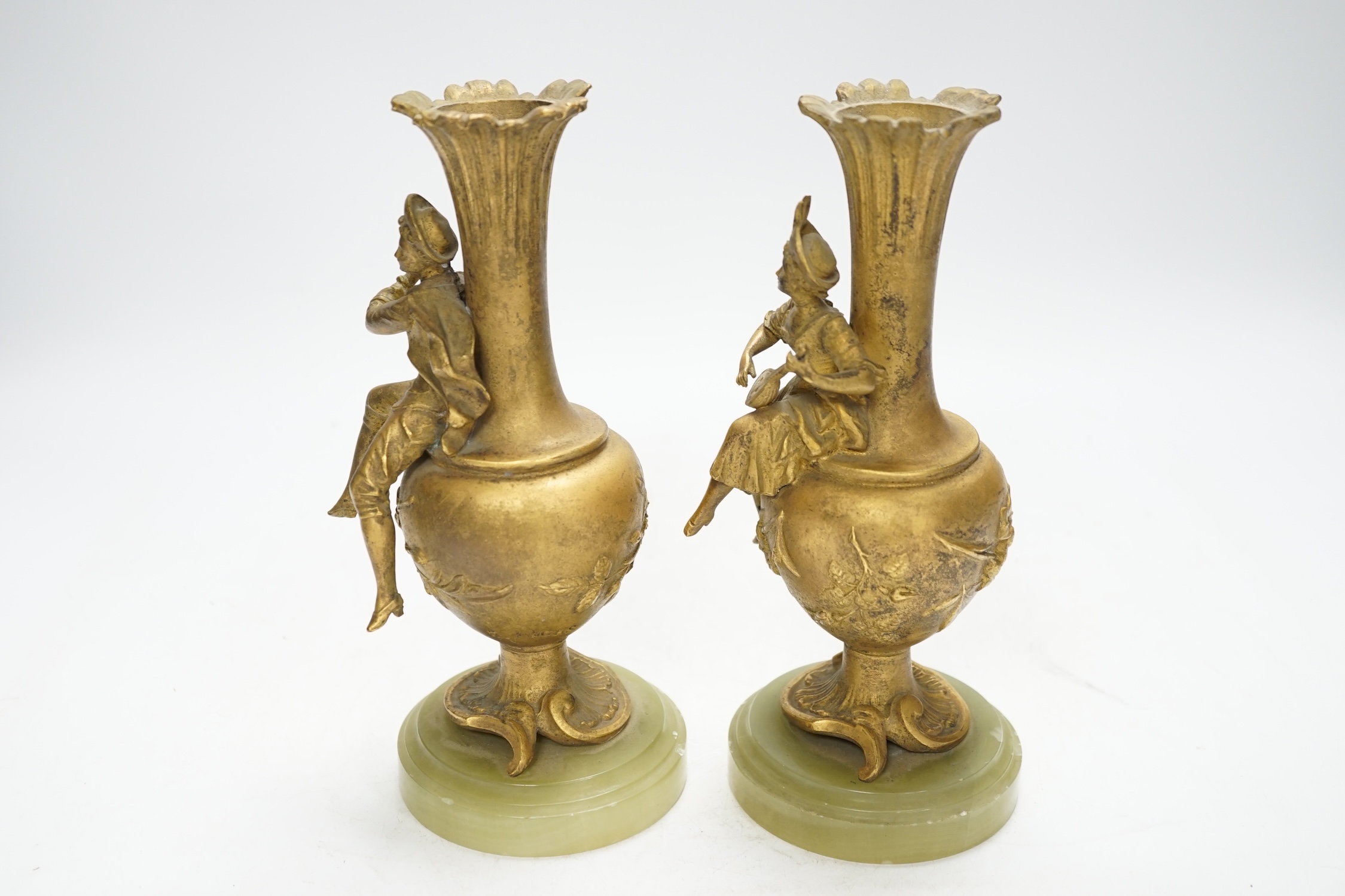 After Emil Fuchs (1866-1929), a pair of ormolu figural vases on onyx bases, 20.5cm. Condition - fair